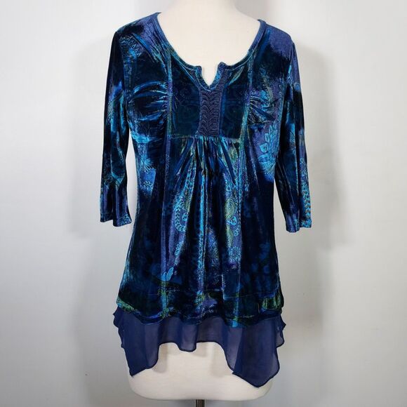 Unity World Wear Artsy Velvet Tunic Top Medium Blue Asymmetric Fairy Whimsigoth - Picture 2 of 12